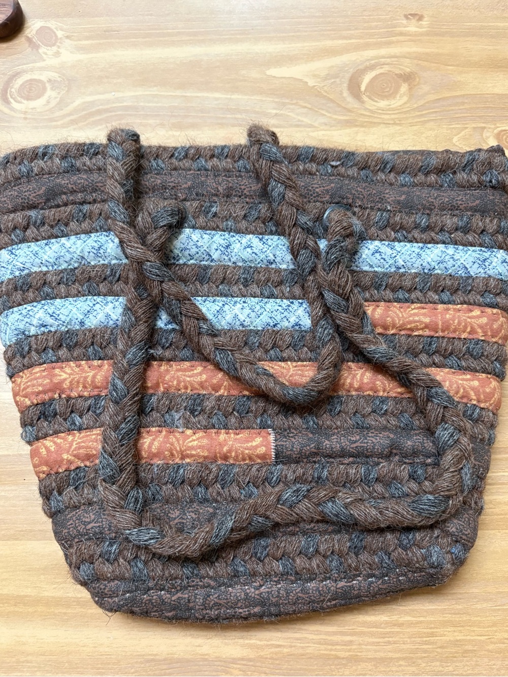 Vintage Alpaca Knit Woven Tote Purse Brown Boho Striped Shoulder Bag